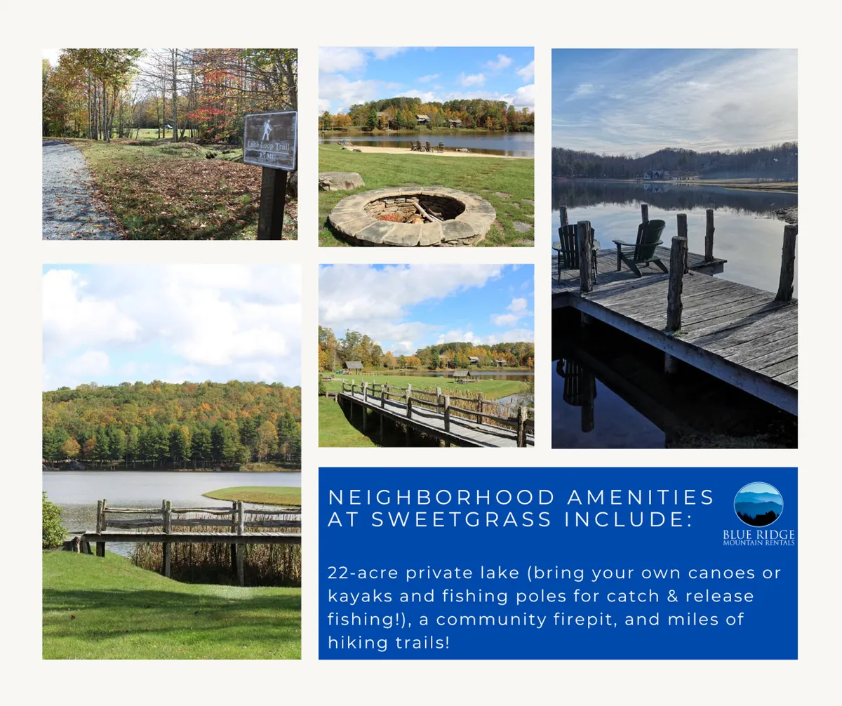 A stunning view of the 22-acre private lake enveloped by lush greenery, with a wooden dock stretching over the water. People are seen kayaking, fishing, and relaxing by the lake, while others are gathered around a firepit or embarking on nearby hiking trails. The scene radiates a relaxed, communal mood, highlighting a variety of outdoor activities across the seasons.
